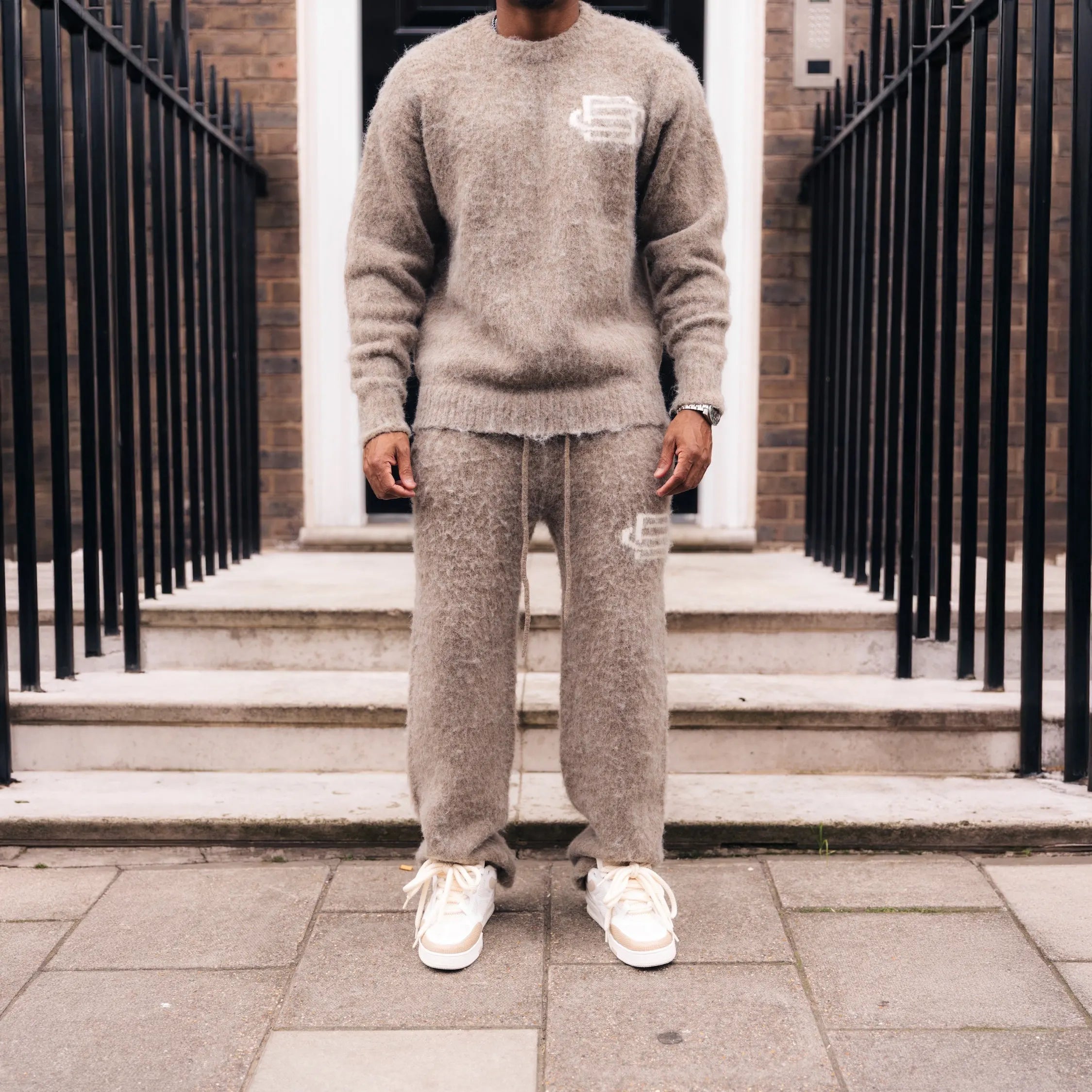 Front View of Bénir Clothing Mohair Knit BC Taupe Sweatpants MOJOGTAP